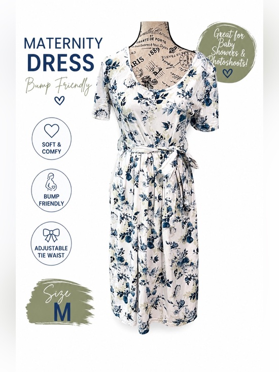 Amazon Dresses & Skirts - Maternity Floral Dress Medium Tie Waist Baby Shower Bump Friendly Midi